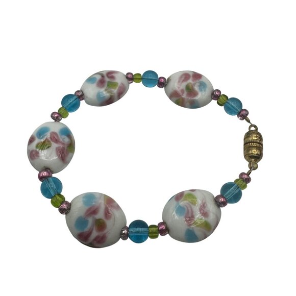 Floral Ceramic Beaded Bracelet Multicolor With Gold Magnetic Closure 7 Inches - Picture 4 of 4